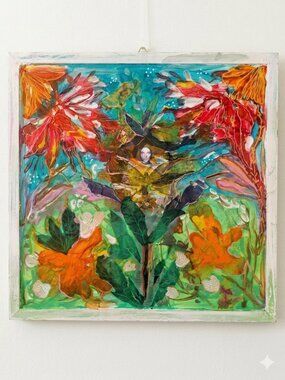 Original signed mixed-media piece titled "Masked in the garden," utilizing cut p